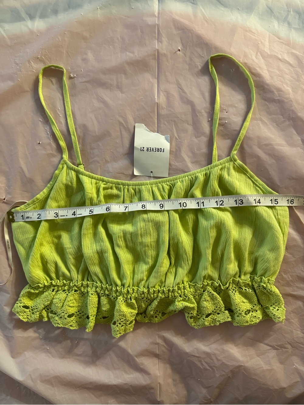 Forever 21 Chartreuse Green Crochet Ruffle Trim Tank Crop Top L